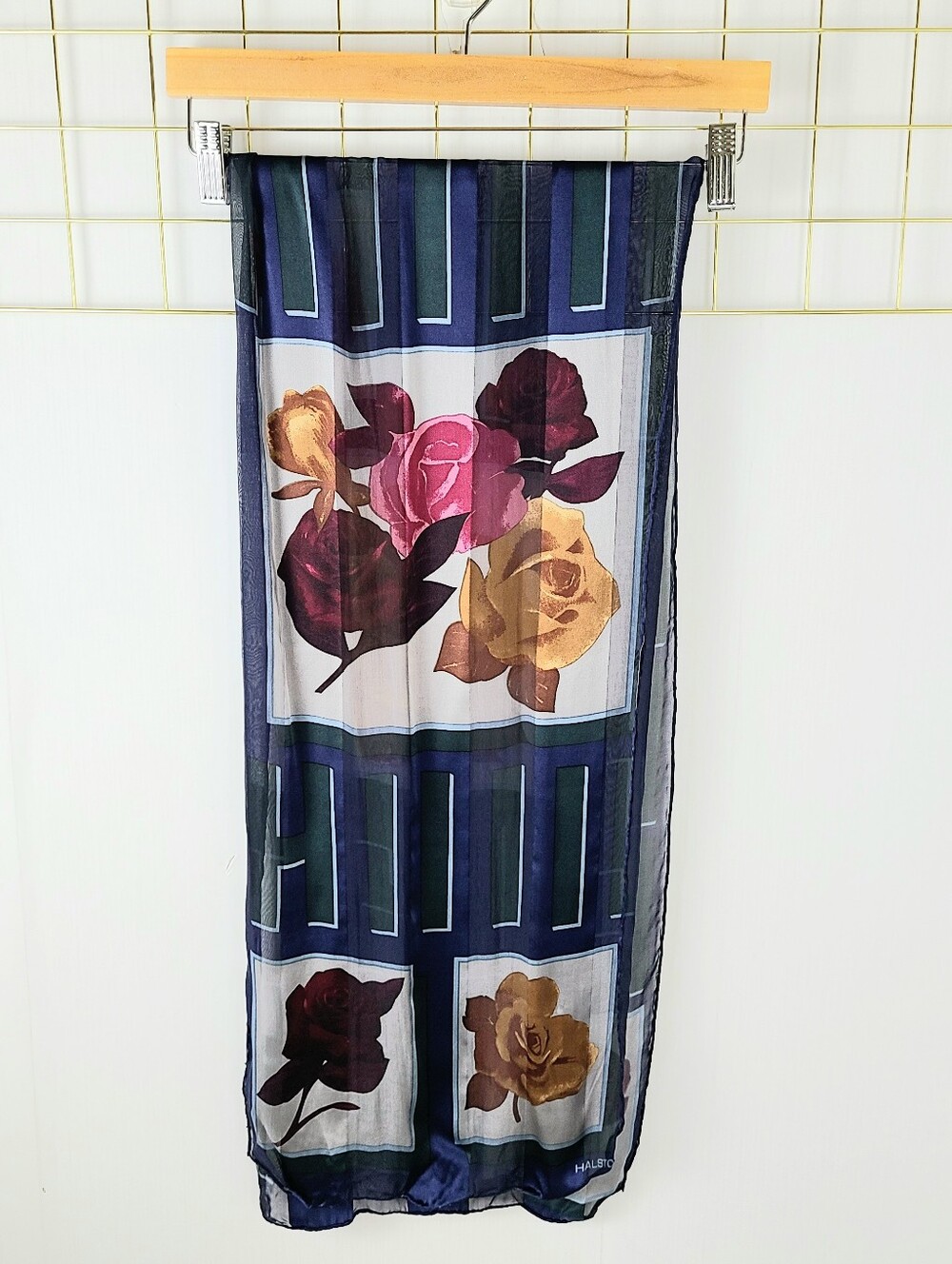 Halston Navy Burgundy Rose Floral Oblong Vintage Silk Scarf
